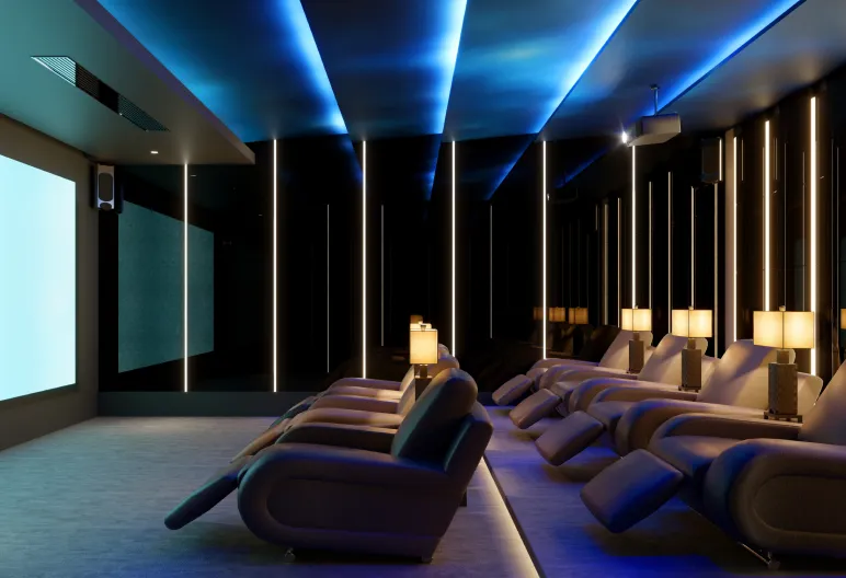 Luxury home theater with professional lighting and seating