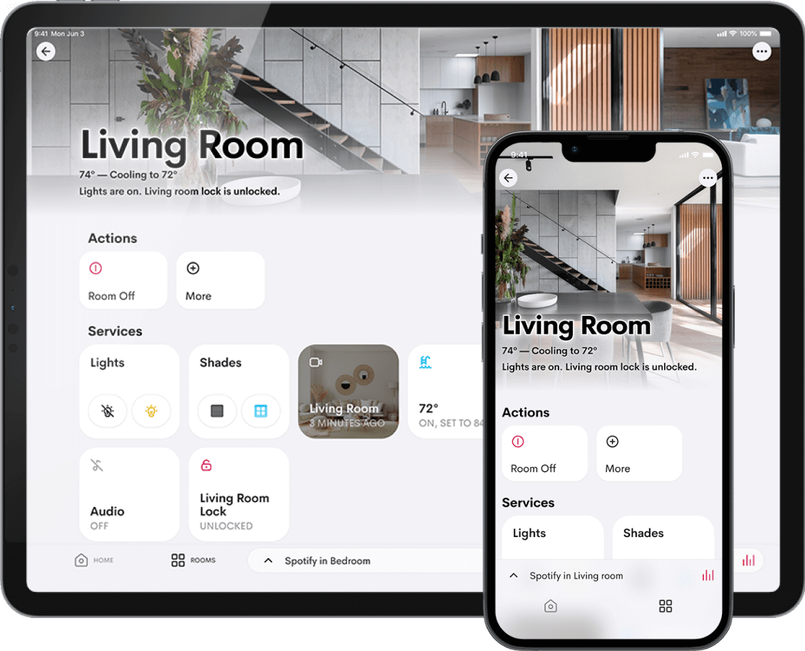Control4 interface showing integrated lighting and shade controls