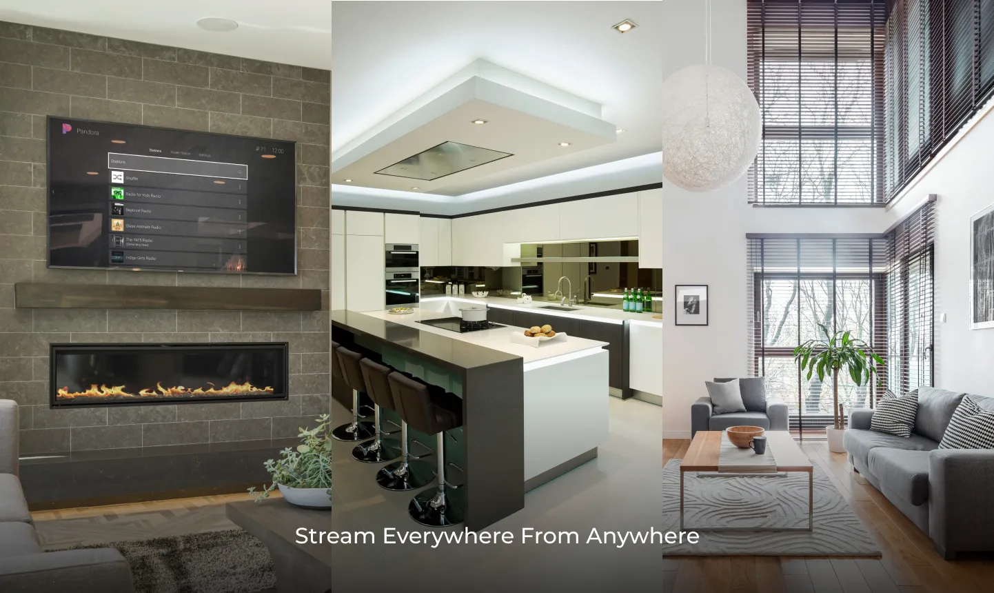 Modern home interior showing multiple zones with integrated audio control