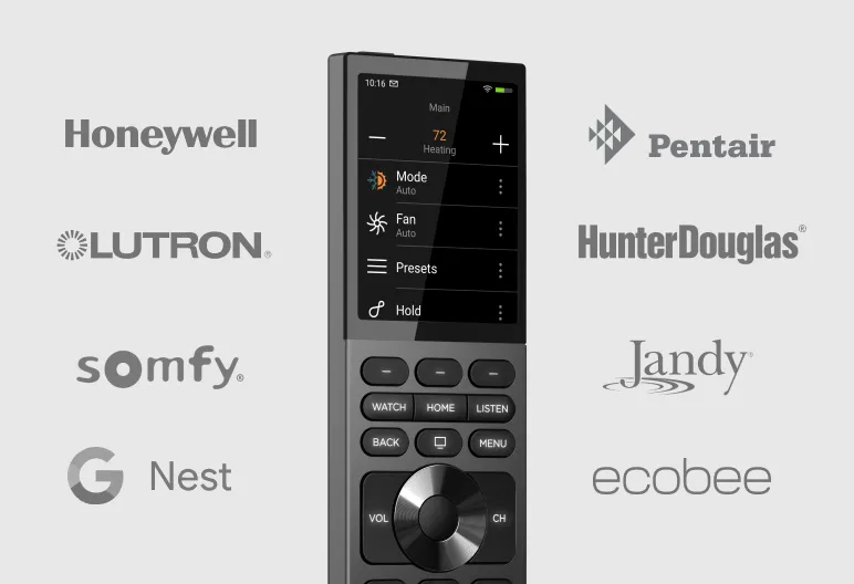 Control4 and Lutron logos with sample interface screenshots