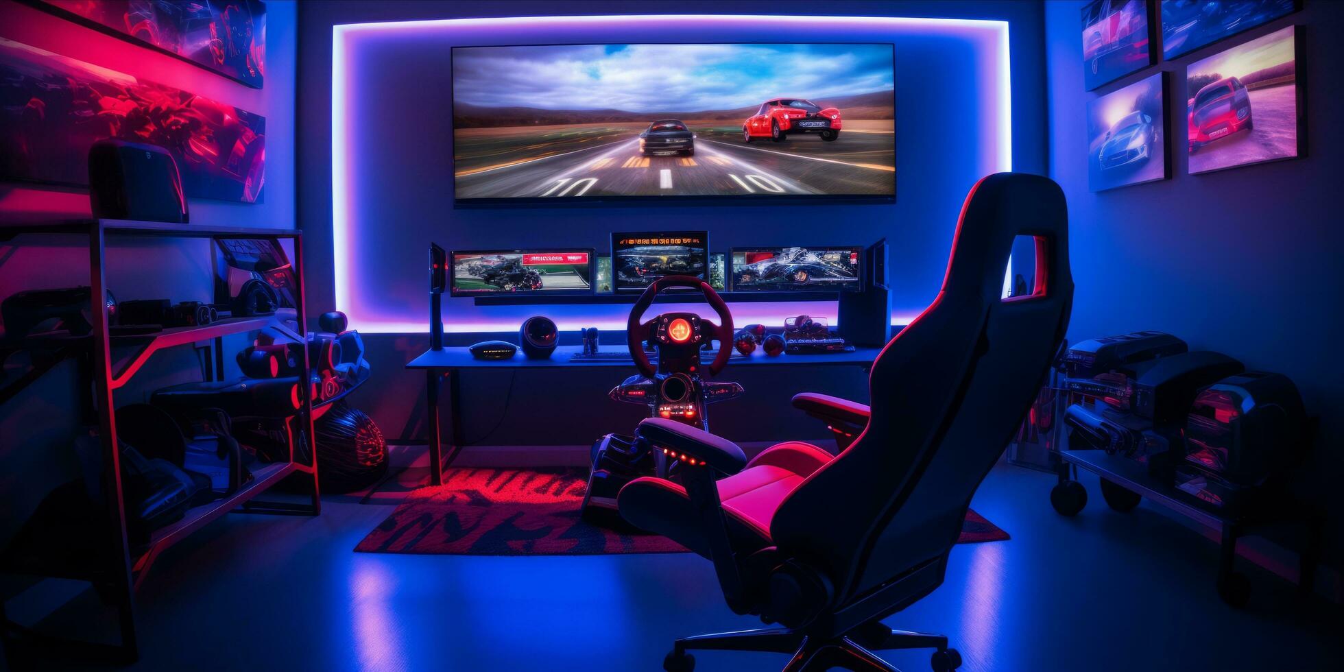 Professional gaming setup with racing simulator and ambient lighting