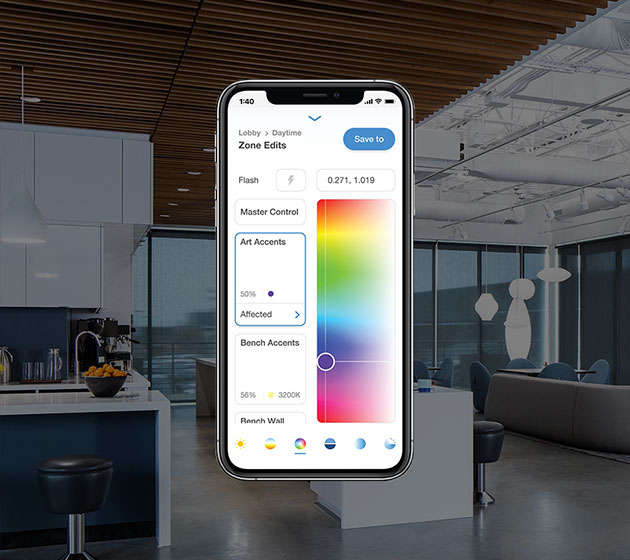 Lutron lighting control app interface showing zone controls and color selection