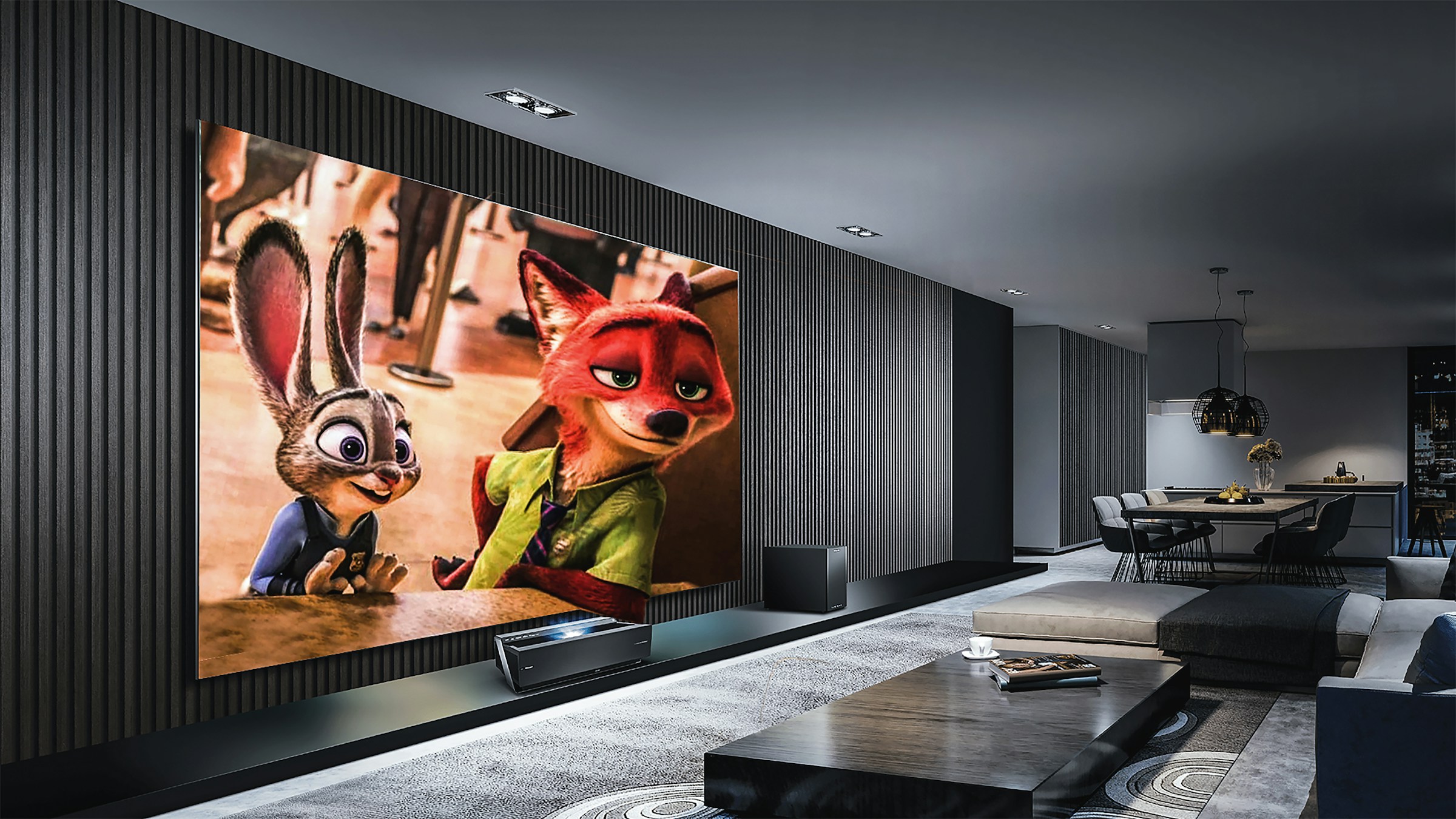 Modern home theater with large screen displaying animated content