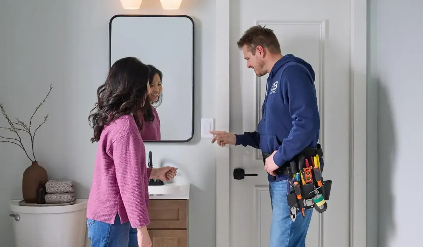 Professional technician helping happy client with their system